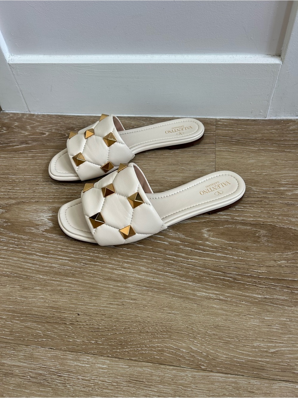 Valentino Garavani Ivory Quilted Slide Mules with Gold Rockstuds - Picture 2 of 3